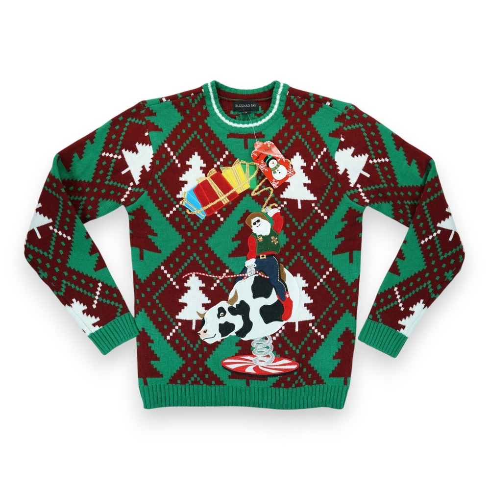 NWT Blizzard Bay Mens Ugly Christmas Sweater Sz S Rodeo Cowboy Santa Bull Riding